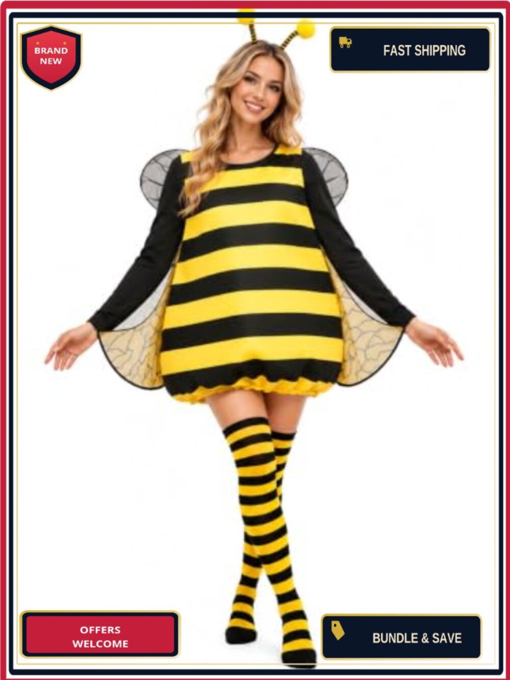 Bee Costume Set Bumble Bee Dress Wings Headband Socks Adult Halloween